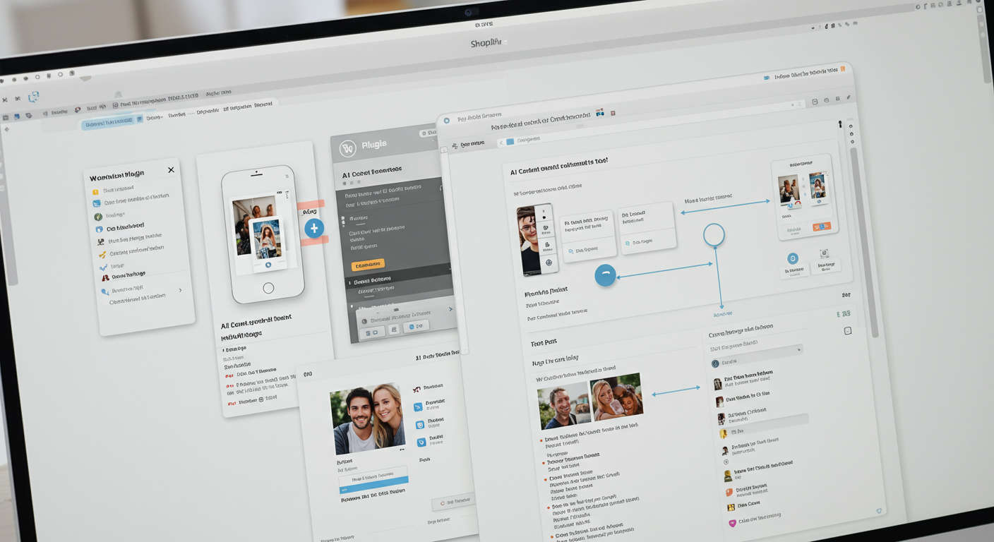 Integration of AI content automation tools with WordPress and Shopify on a computer screen, showing seamless plugin installation and content publishing workflow