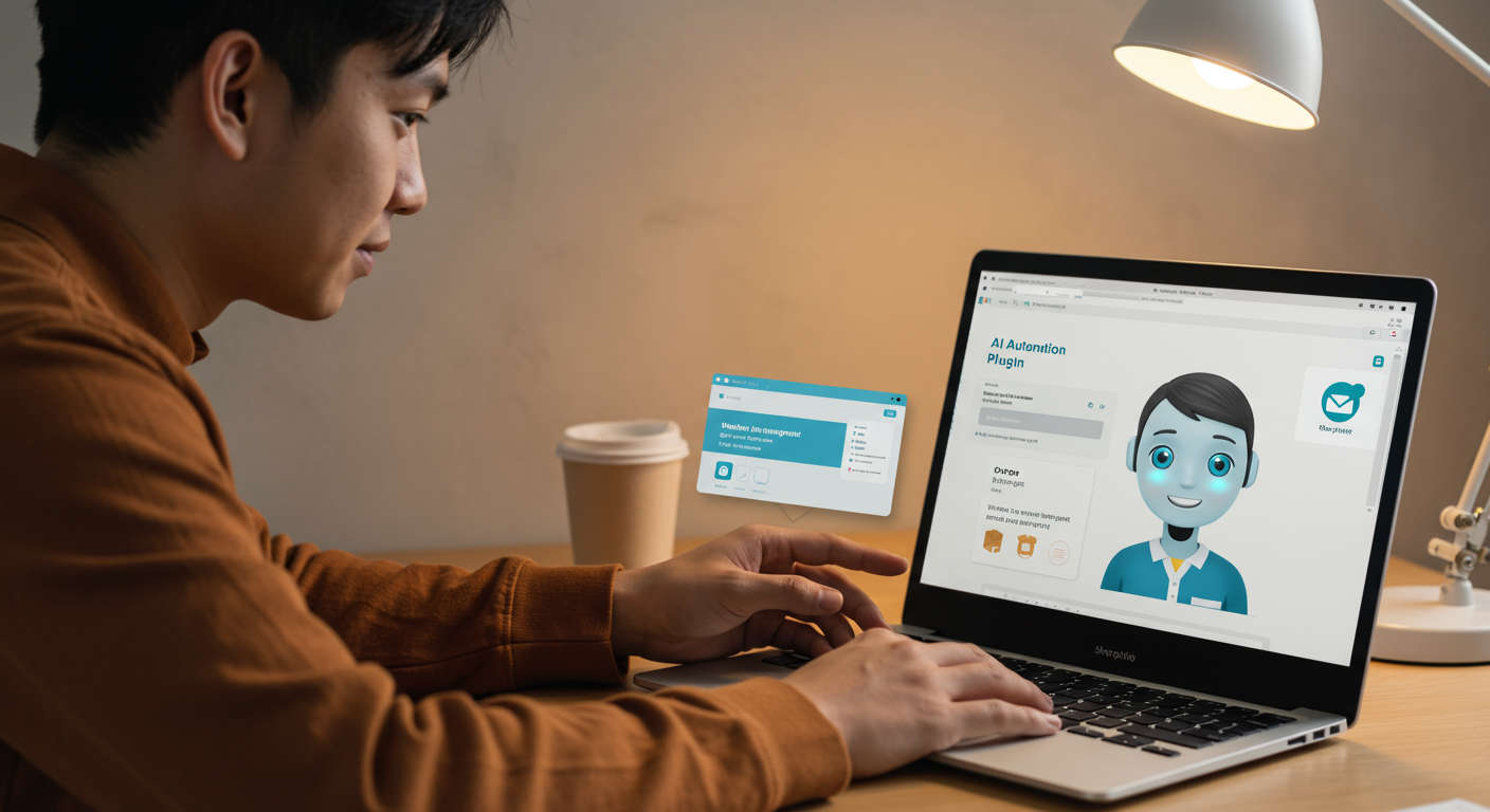 Shopify store owner setting up AI automation plugin on laptop, showcasing simple no-code interface and AI virtual employee assisting with inventory and customer support