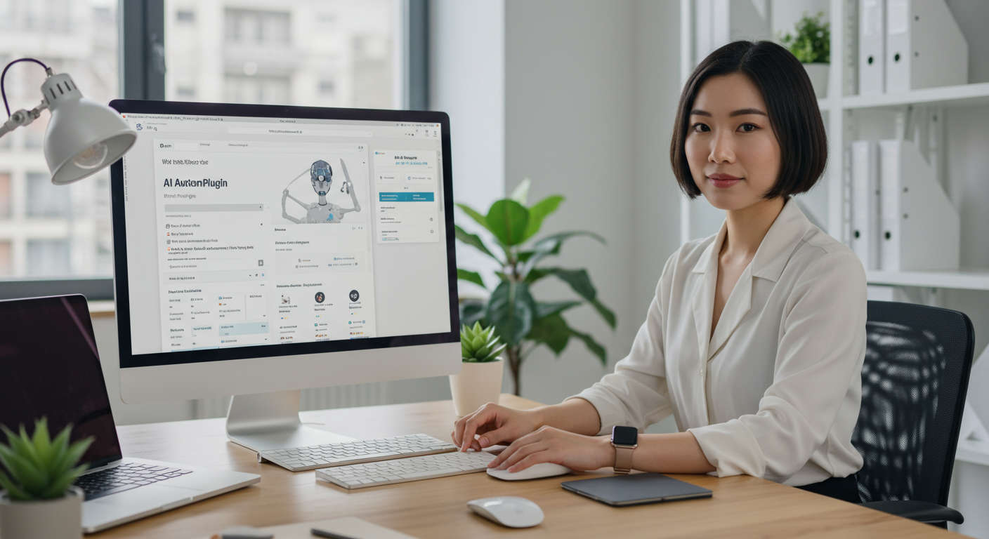 Small business owner installing AI automation plugin on WordPress dashboard, showing ease of use and no-code setup, modern office environment