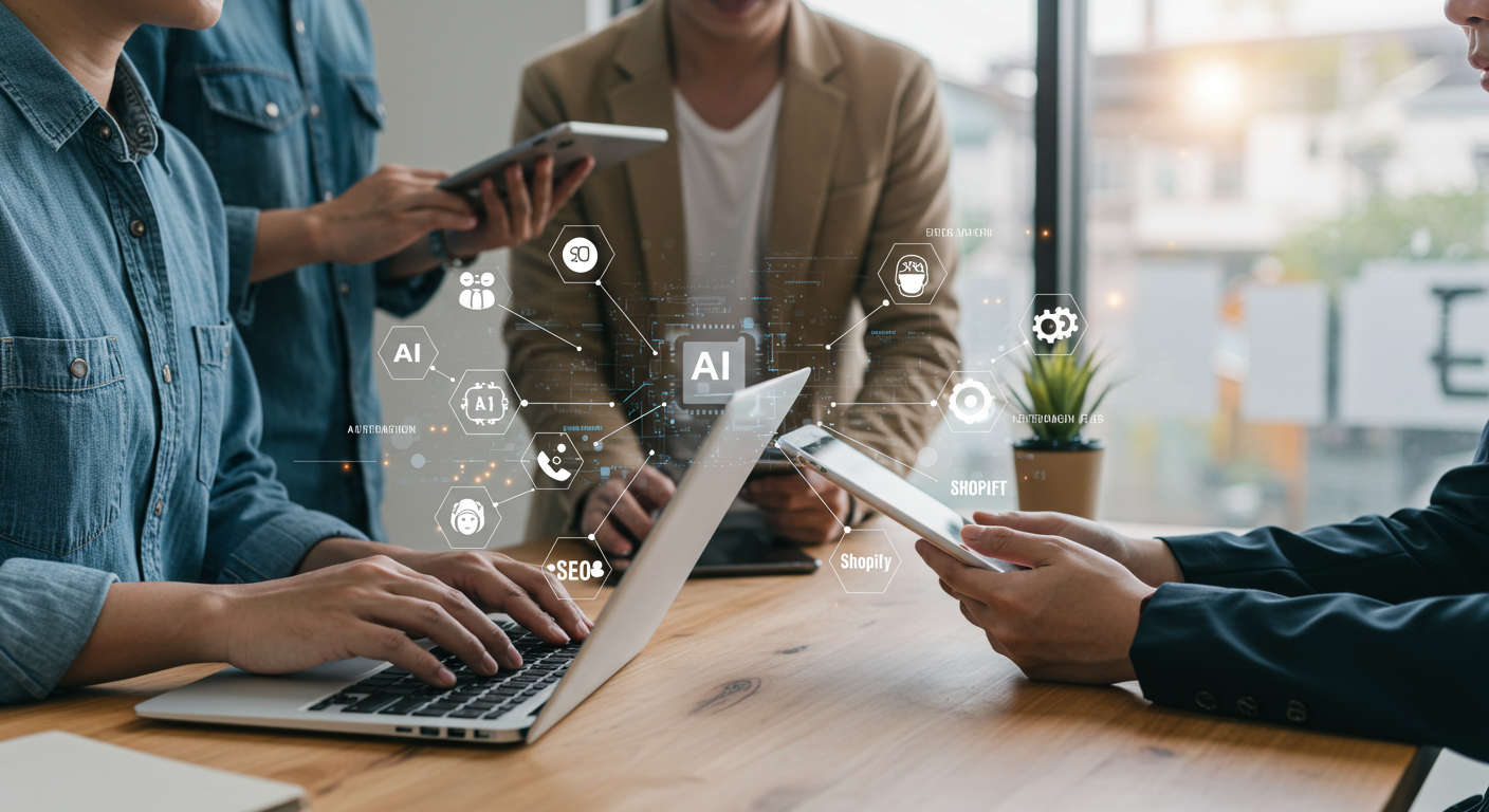A modern digital workspace showing a diverse small business team using AI technology on laptops and tablets, with icons representing automation, SEO, WordPress, Shopify, and virtual AI agents in a bright, professional office environment