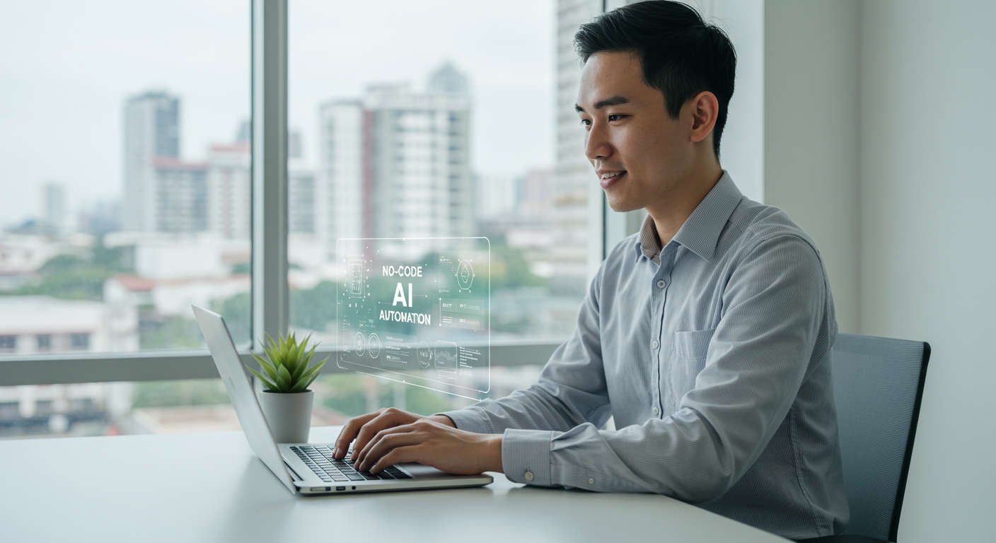 Small business owner using no-code AI automation platform on a laptop, showing ease of use and efficiency, modern office background
