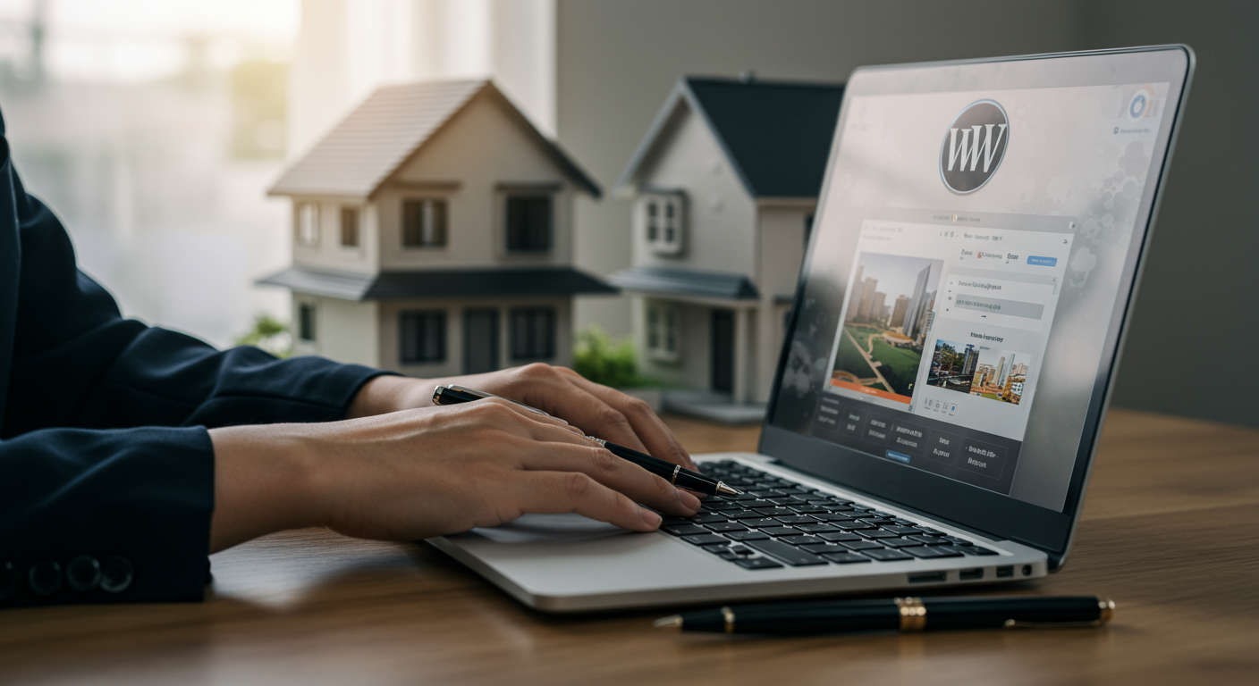 Real estate agent using WordPress plugin on a laptop, publishing SEO-optimised listings and blog posts, with real estate properties in the background