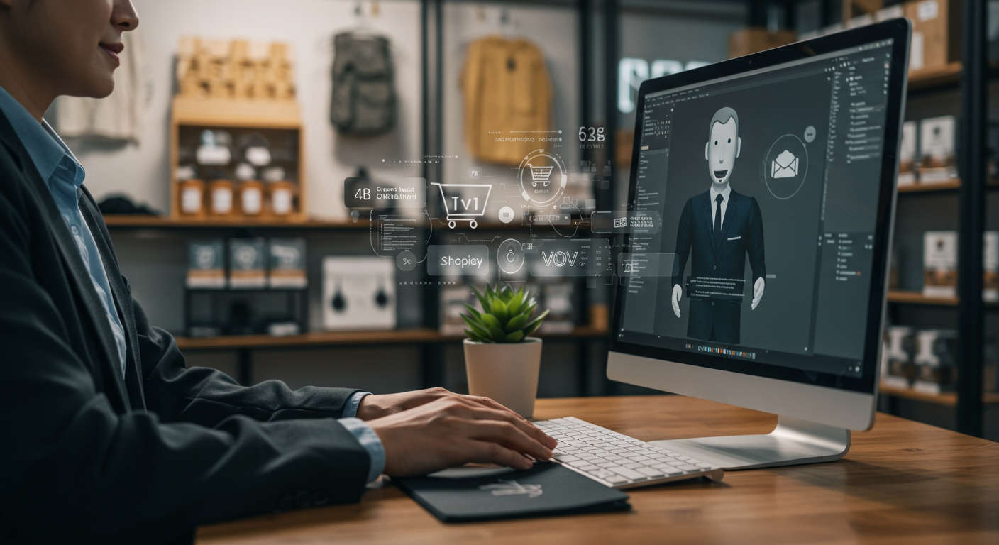 Small business owner using AI virtual employee on computer, seamless integration with WordPress and Shopify, ecommerce store in background, modern and professional setting
