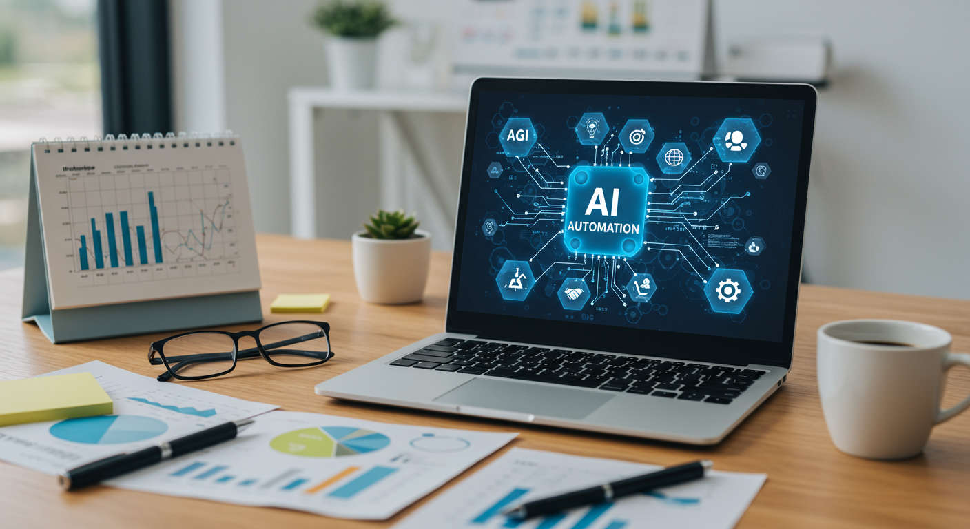 Modern office workspace with laptop displaying AI automation software, surrounded by small business elements like charts and calendar, symbolising AI tools for SMBs and startups