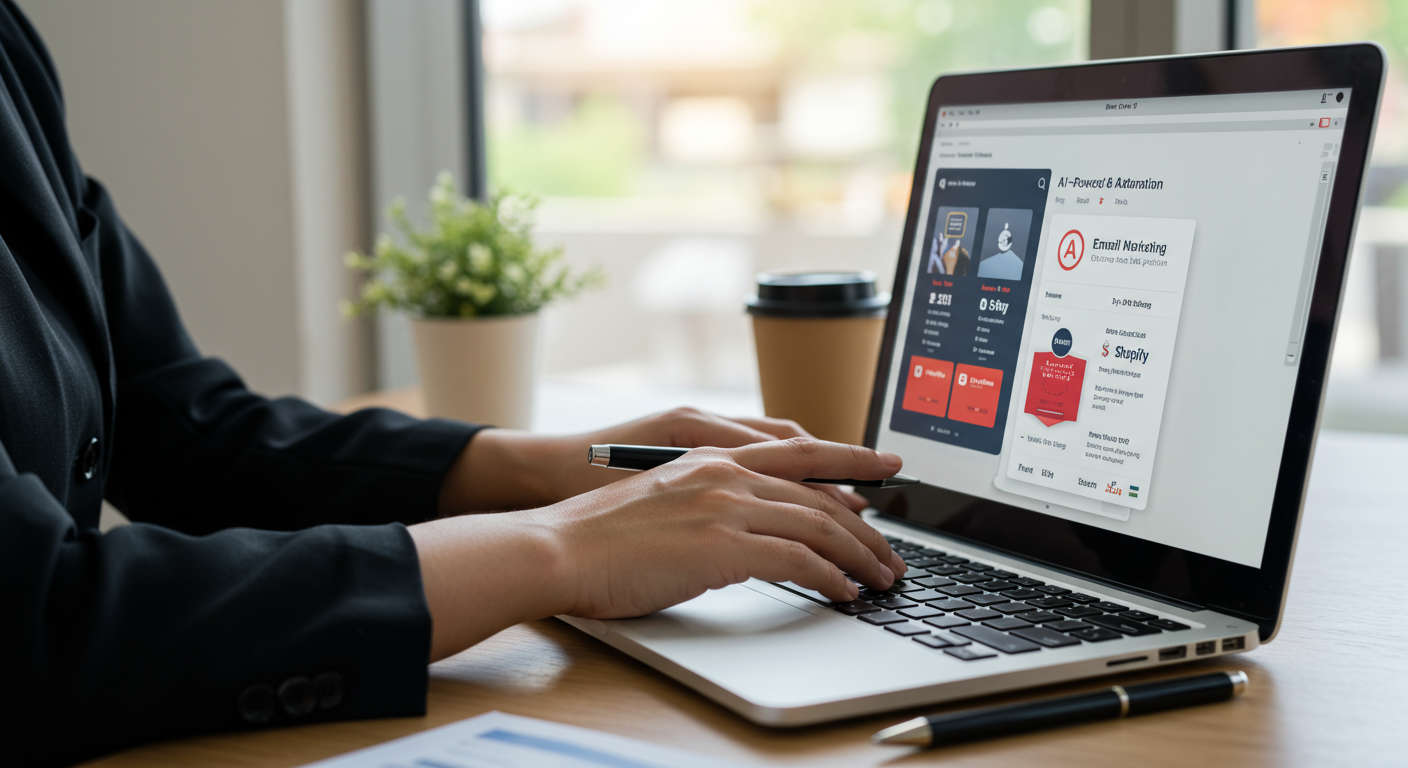 Small business owner setting up AI-powered email marketing automation using WordPress and Shopify plugin on a laptop in a modern office
