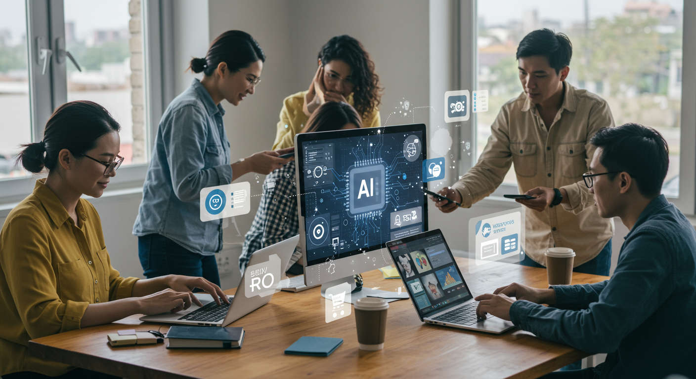 Diverse small business owners and startup founders using AI technology on laptops and mobile devices in a modern digital workspace representing AI automation and growth.