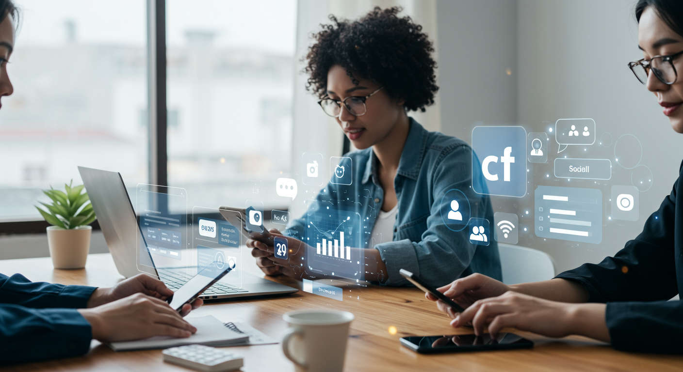 Small business owners and startup entrepreneurs using AI technology for social media scheduling with icons of Facebook and LinkedIn, showcasing AI virtual assistant automating tasks in a modern professional setting.