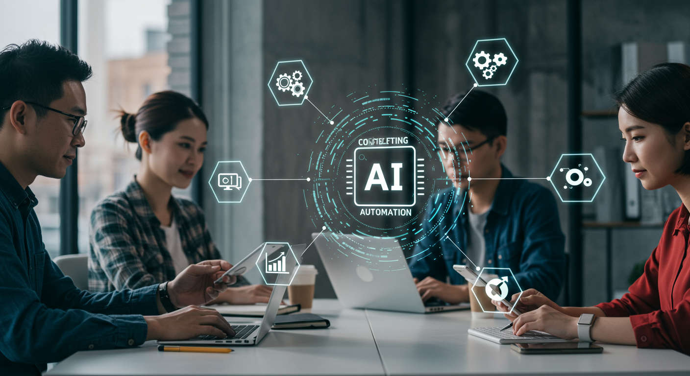 A modern small business office with a diverse team working on laptops and digital devices, surrounded by AI and automation icons symbolising content creation and lead nurturing for SMBs.