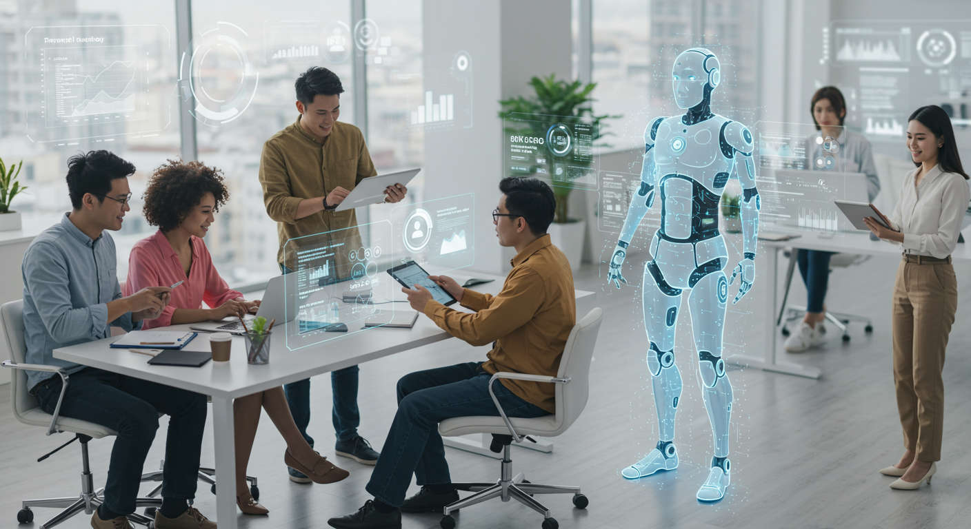 SaaS startup team collaborating with AI virtual employee on marketing automation, SEO blog publishing, keyword research, futuristic tech environment