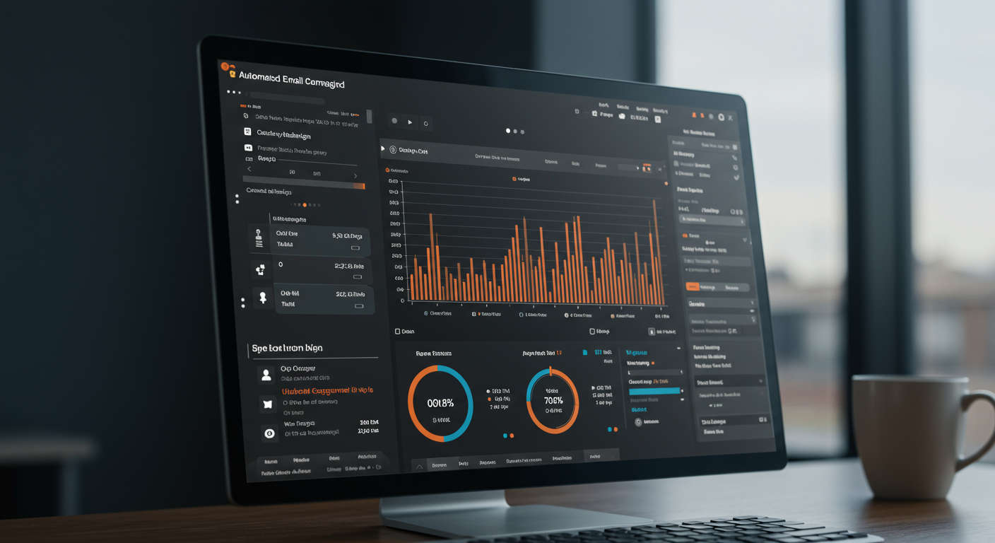 Automated email marketing campaign dashboard with AI insights, graphs showing open rates and click-through rates, modern digital interface, business analytics