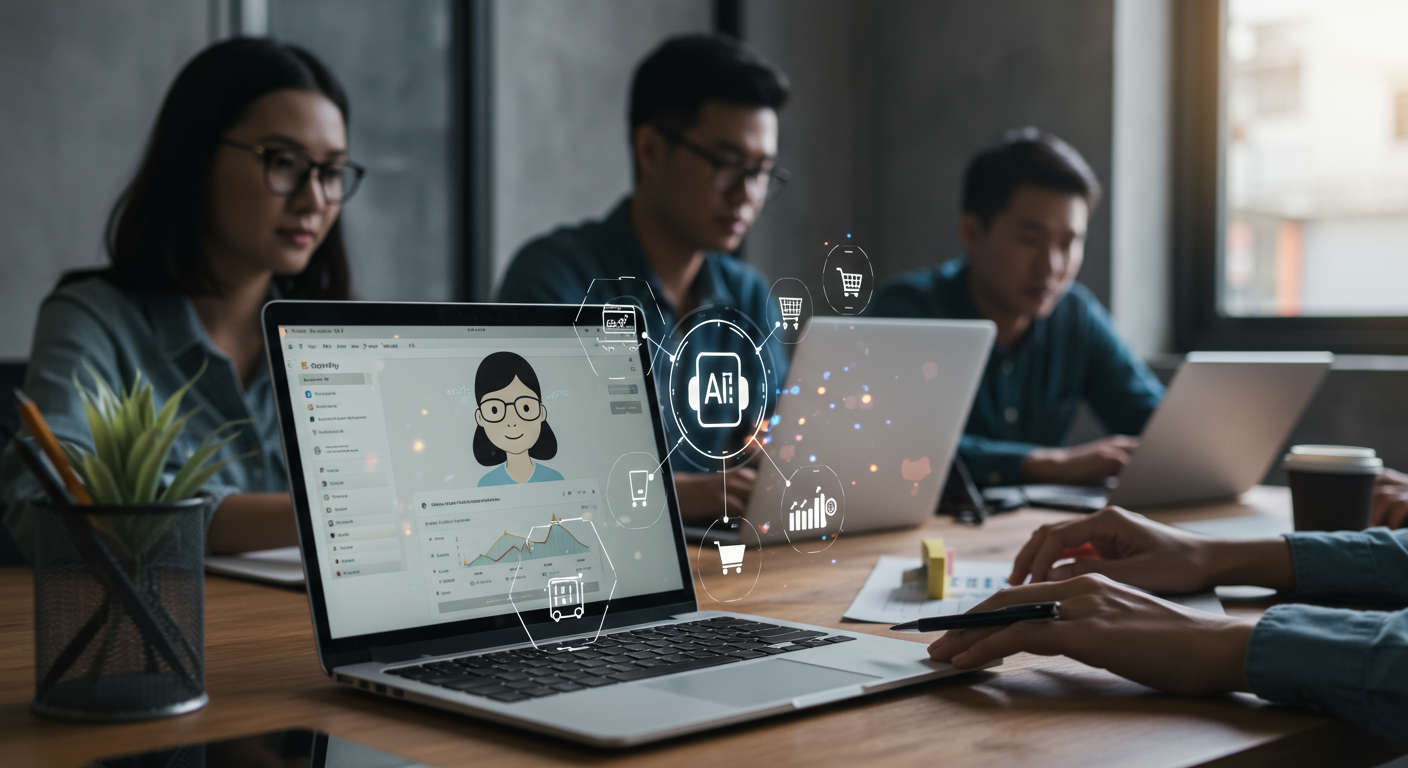 Modern ecommerce workspace with laptop showing Shopify dashboard and AI virtual assistant icons, symbolising AI automation for small business ecommerce marketing