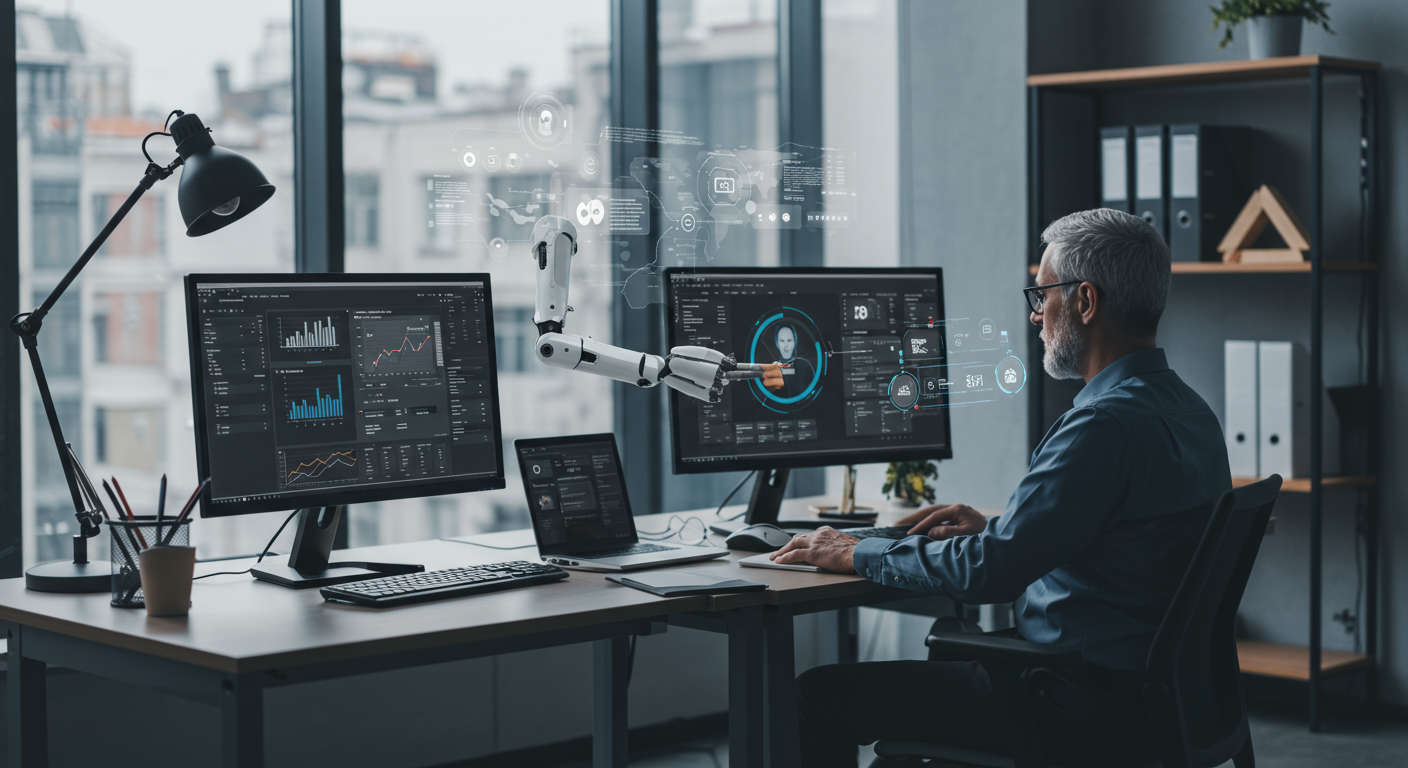 Small and medium-sized business office with AI virtual employee assisting with workflow automation, showing data entry, customer interaction, and inventory updates on computer screens, modern and professional setting