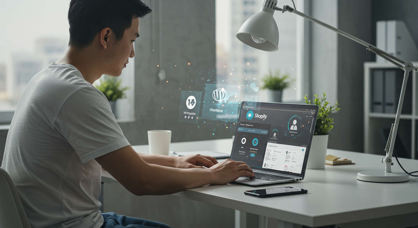 Small business owner using AI virtual employee on laptop with WordPress and Shopify logos, digital marketing automation concept, modern office setting