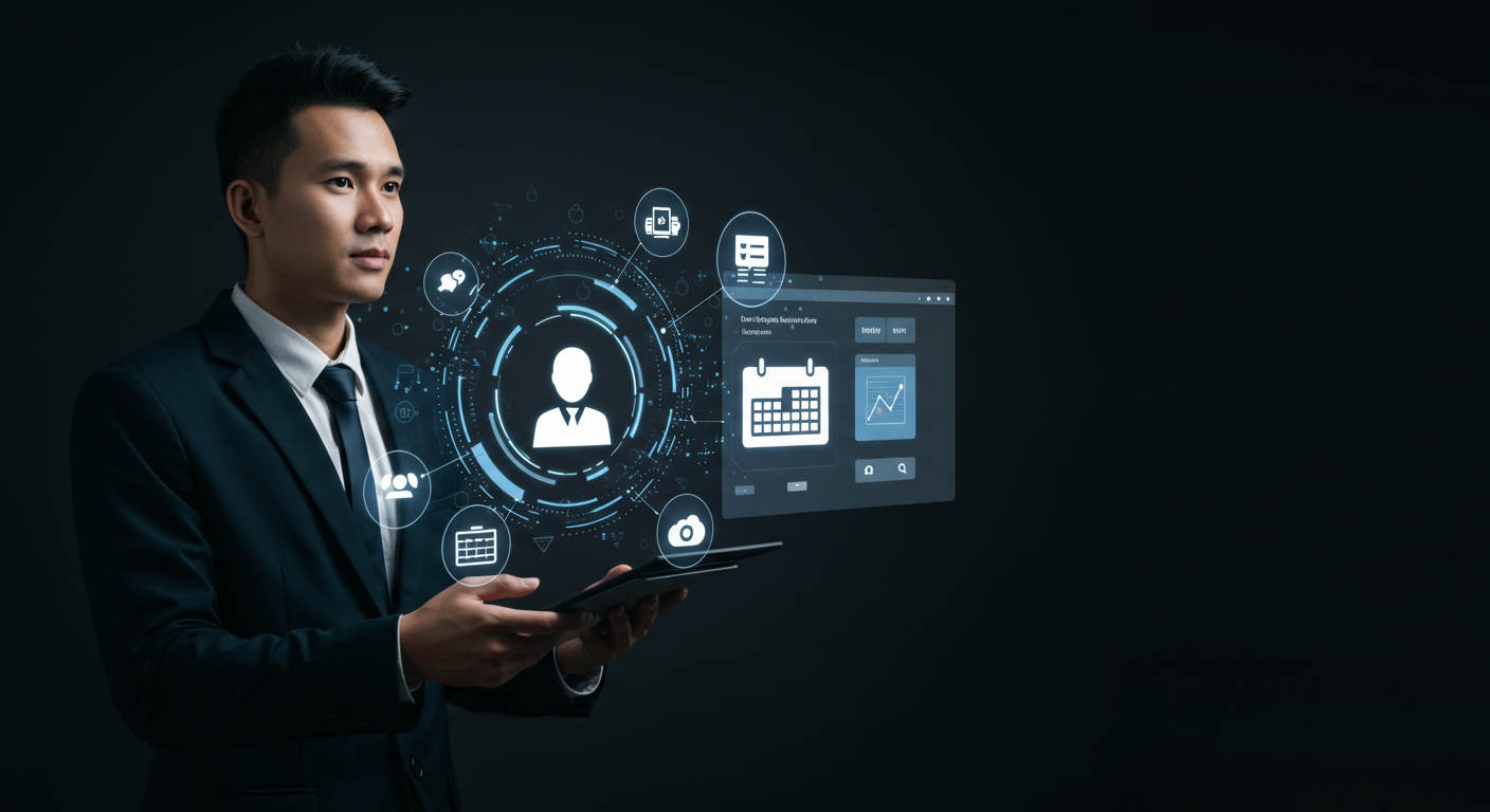 An AI virtual employee autonomously scheduling and publishing SEO blog posts on WordPress and Shopify platforms, with calendar and automation icons, futuristic technology theme