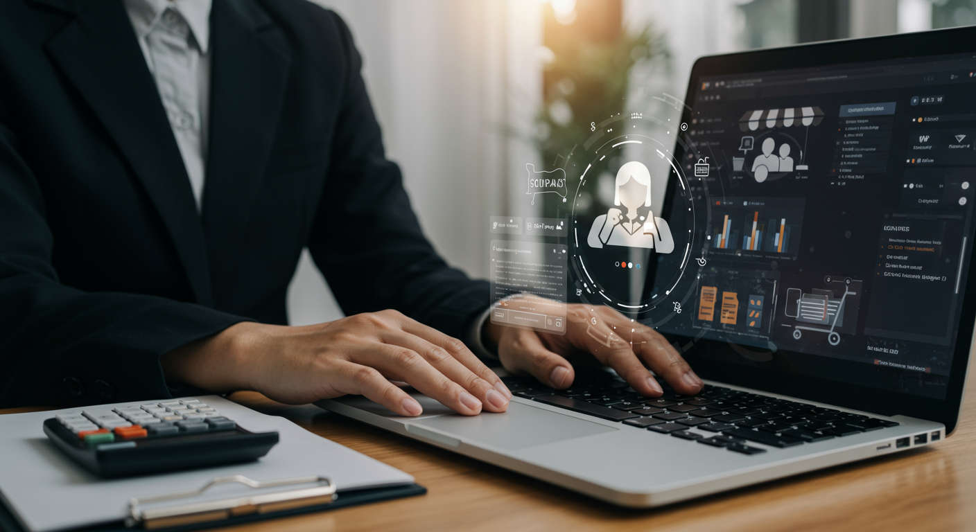 Ecommerce store owner integrating AI virtual employee via WordPress and Shopify plugins, seamless setup process on laptop with ecommerce dashboard and AI automation tasks running, friendly and efficient atmosphere