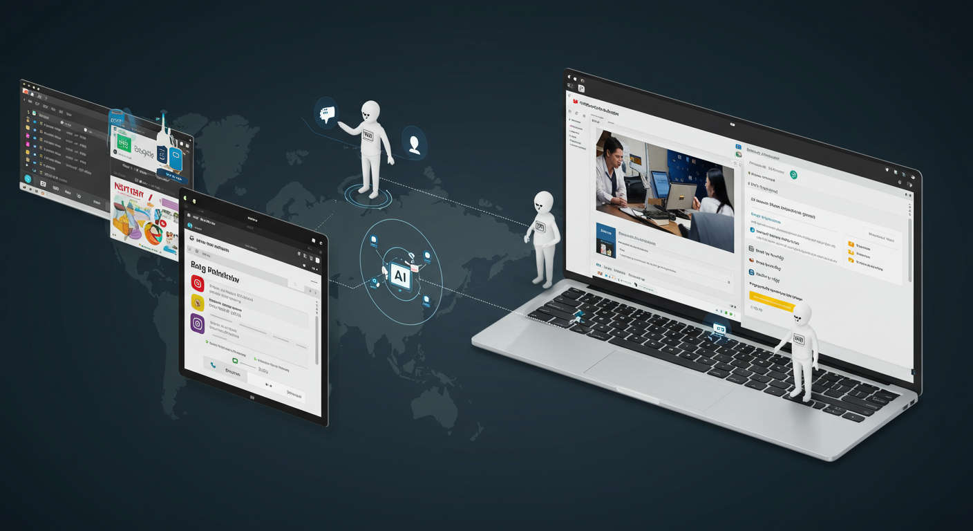 A seamless integration of AI content automation with WordPress and Shopify platforms, showing a user-friendly interface with AI agents working autonomously, managing content workflows and publishing blog posts