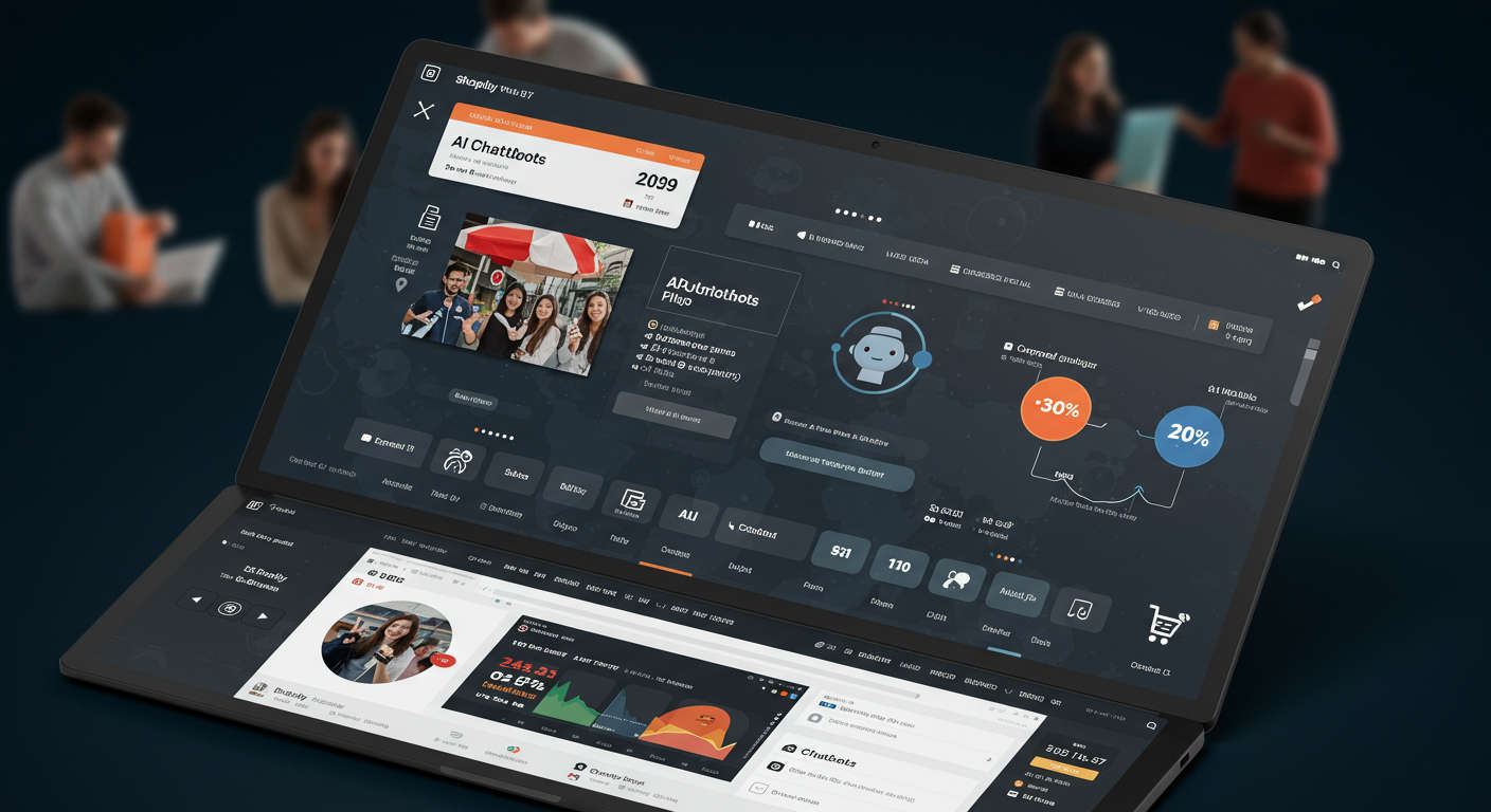 Shopify store dashboard showing AI automation plugins with ecommerce analytics, AI chatbots assisting customers, and SEO tools enhancing online sales