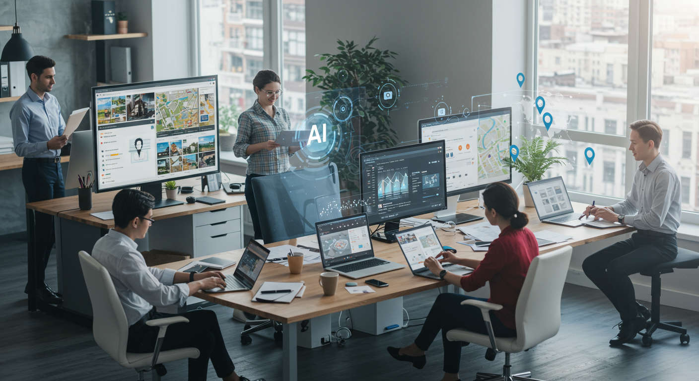 Modern real estate office with diverse professionals using AI technology for lead generation and content automation, featuring property listings and digital maps.