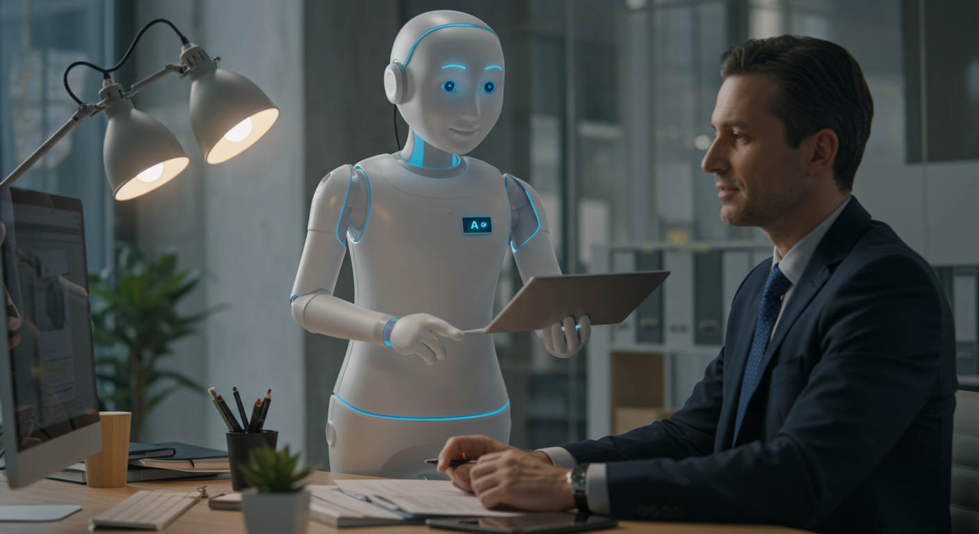 A friendly AI virtual employee assisting a small business owner in a modern office setting, showcasing technology and ease of use for non-technical users