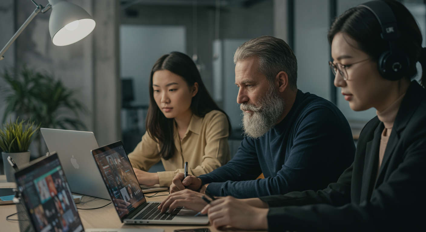 A small startup team working together with AI automation tools on laptops, showing collaboration and technology integration in a modern office environment