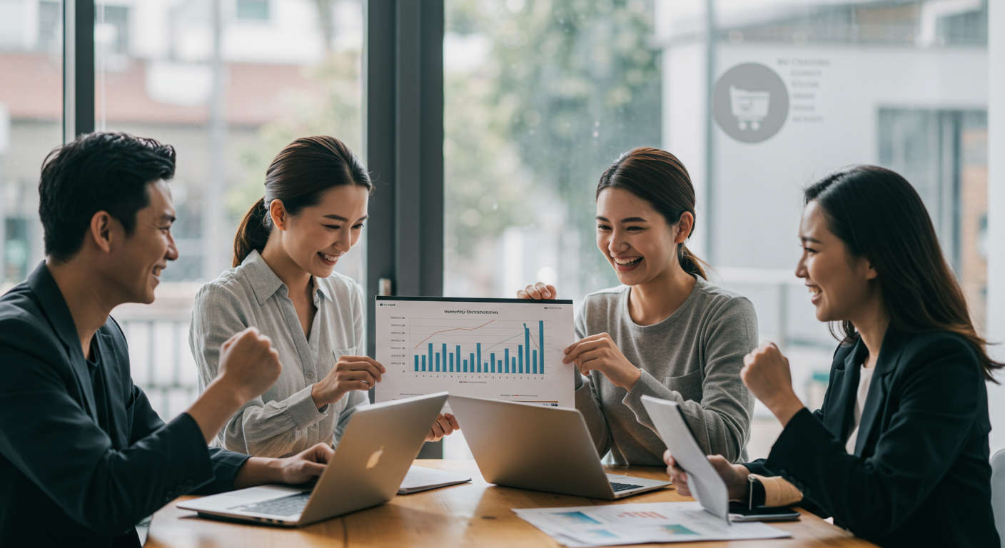 Happy small business team celebrating success with charts showing inventory optimisation and cost savings using AI virtual employee on Shopify