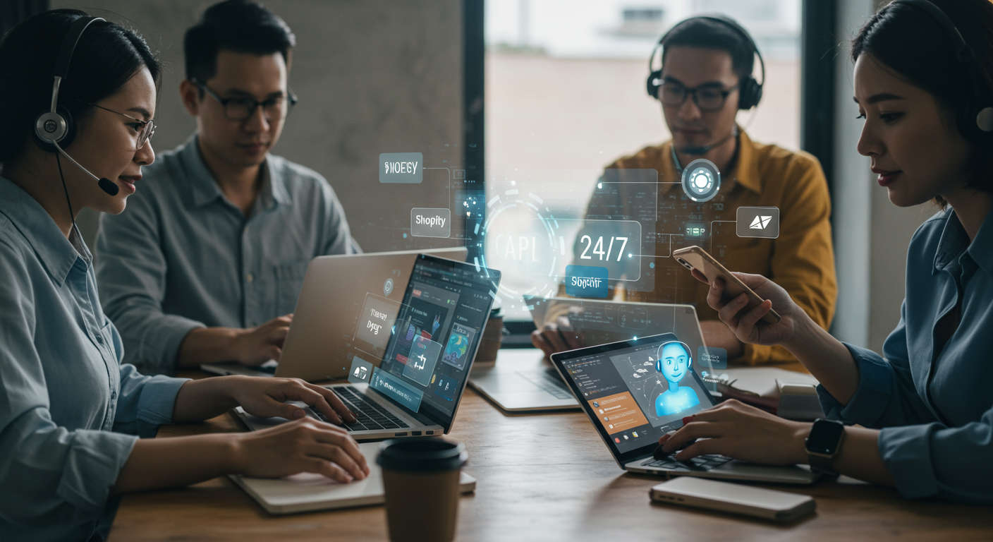 Diverse small business owners and startup employees working with AI virtual assistants on laptops and mobile devices, showcasing 24/7 AI customer support automation and integration with WordPress and Shopify platforms in a modern office environment