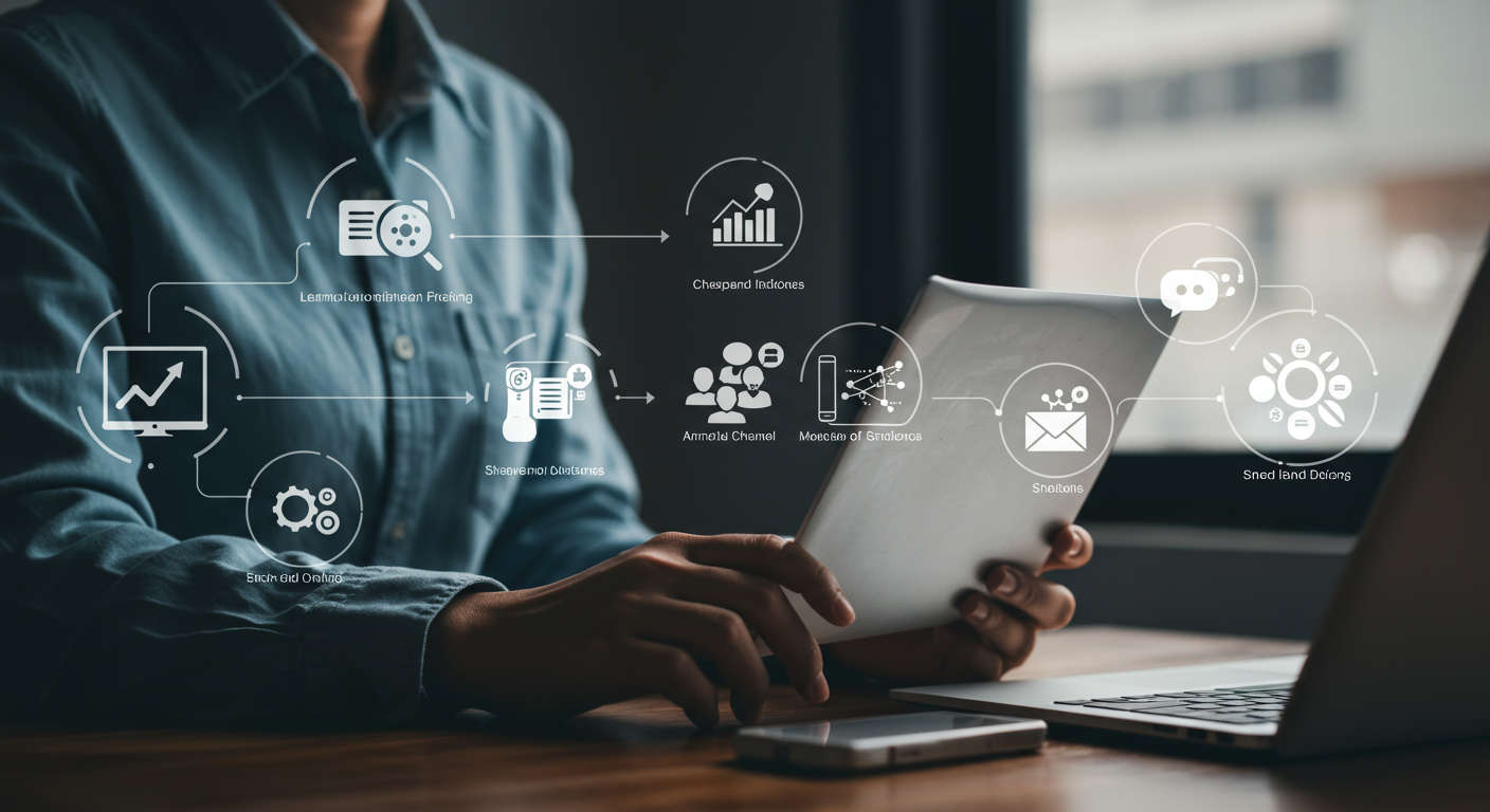 AI lead nurturing automation workflow with chatbots, personalised multi-channel campaigns (email, SMS, social media), and CRM integration, illustrating efficient lead conversion for SMBs