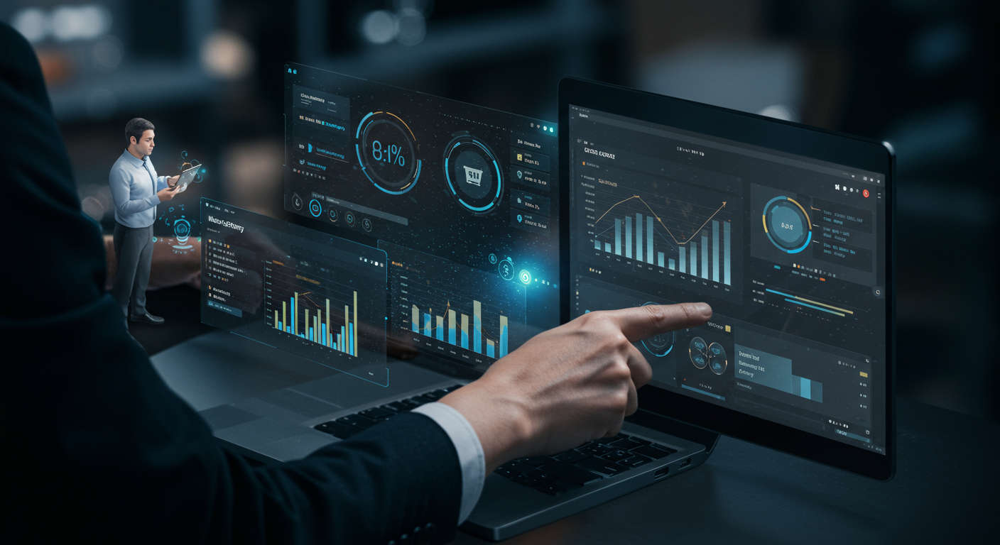 AI inventory management for Shopify store with virtual AI agents managing stock, sales syncing, and order processing, showing a futuristic digital interface with charts and data streams