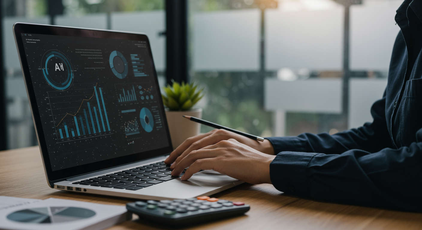 A small business owner using AI competitor analysis tools on a laptop, with graphs and data visualisations on screen, modern office setting, digital marketing concept