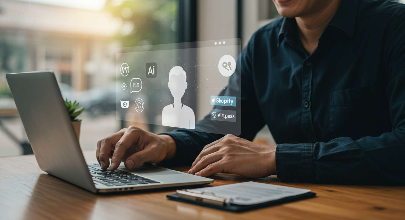 A small business owner happily setting up an AI virtual employee on a laptop, with WordPress and Shopify logos visible, representing no-code AI onboarding for SMBs