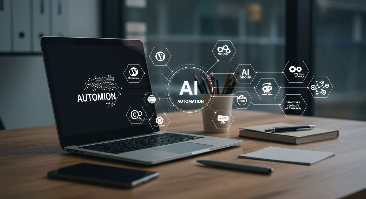 Modern office workspace with laptop showing AI automation software and icons for WordPress, Shopify, AI virtual employees, no-code tools, and SEO content automation representing SMB efficiency and innovation