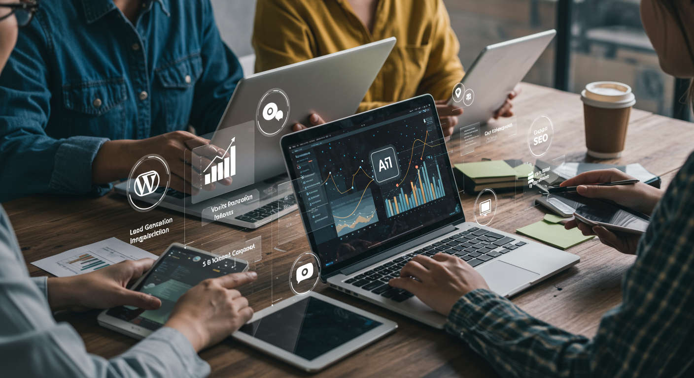 Diverse small business owners and startup entrepreneurs using AI technology for digital marketing automation with WordPress and Shopify integration in a modern professional setting