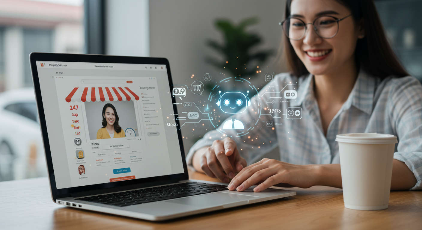 Modern Shopify store interface with AI chatbot assistant icon symbolising 24/7 customer support automation for small businesses and startups