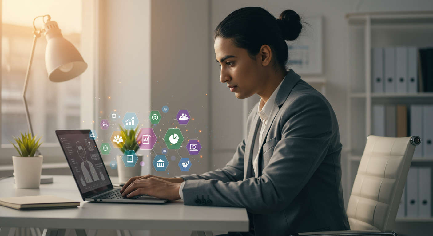 Small business owner using AI virtual assistant on laptop, surrounded by icons representing automation, marketing, and inventory management, modern office setting