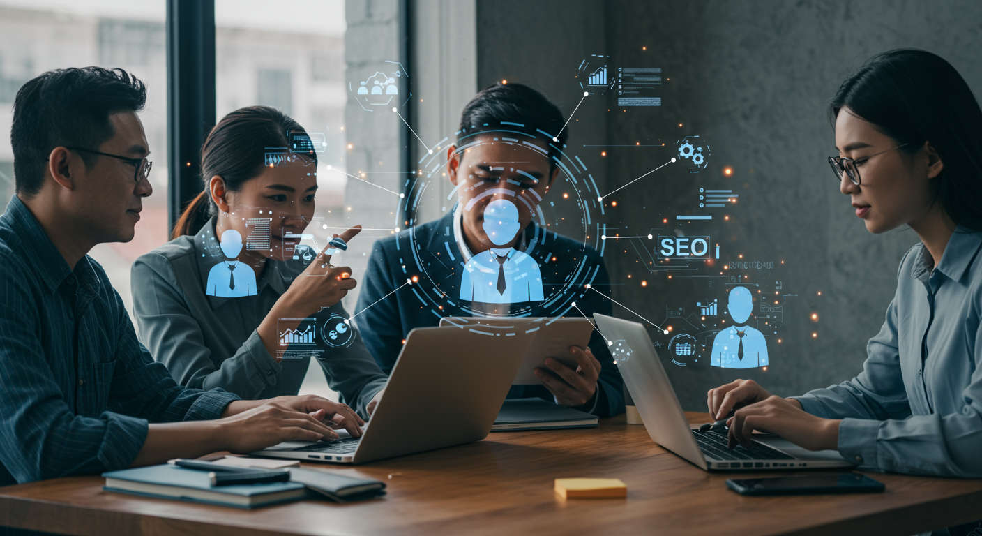 Small business owners and startup entrepreneurs collaborating with AI virtual employees on SEO tasks in a modern office environment, symbolising AI-driven business growth and automation.