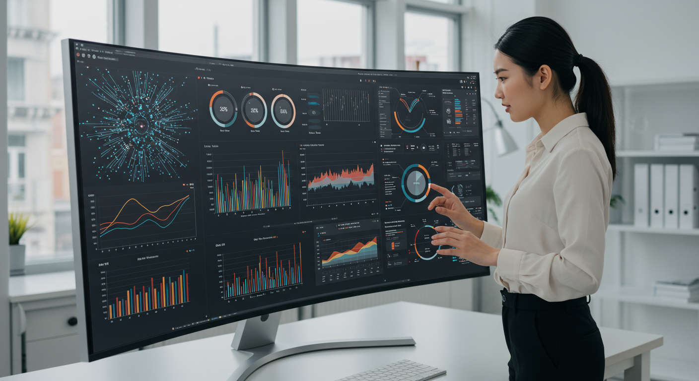 Small business owner analysing AI automation ROI metrics on a digital dashboard, showing graphs and charts, modern office setting