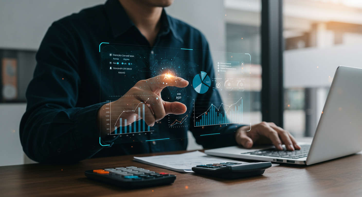 Small and medium-sized business owner analysing AI automation ROI on a digital dashboard with graphs showing cost savings, revenue growth, and productivity improvements in a modern office setting