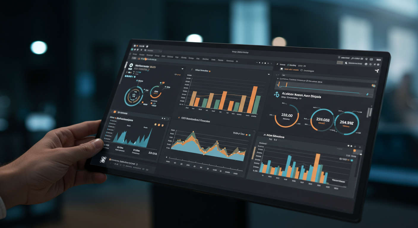 Dashboard view of marketing analytics with graphs and charts showing ROI metrics, CRM integration, and AI automation performance, modern tech style, clear and professional visualisation