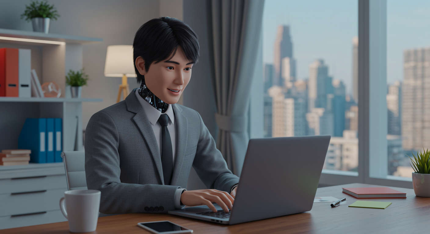 AI virtual employee working on a laptop, automating blog publishing for small businesses in a modern office environment