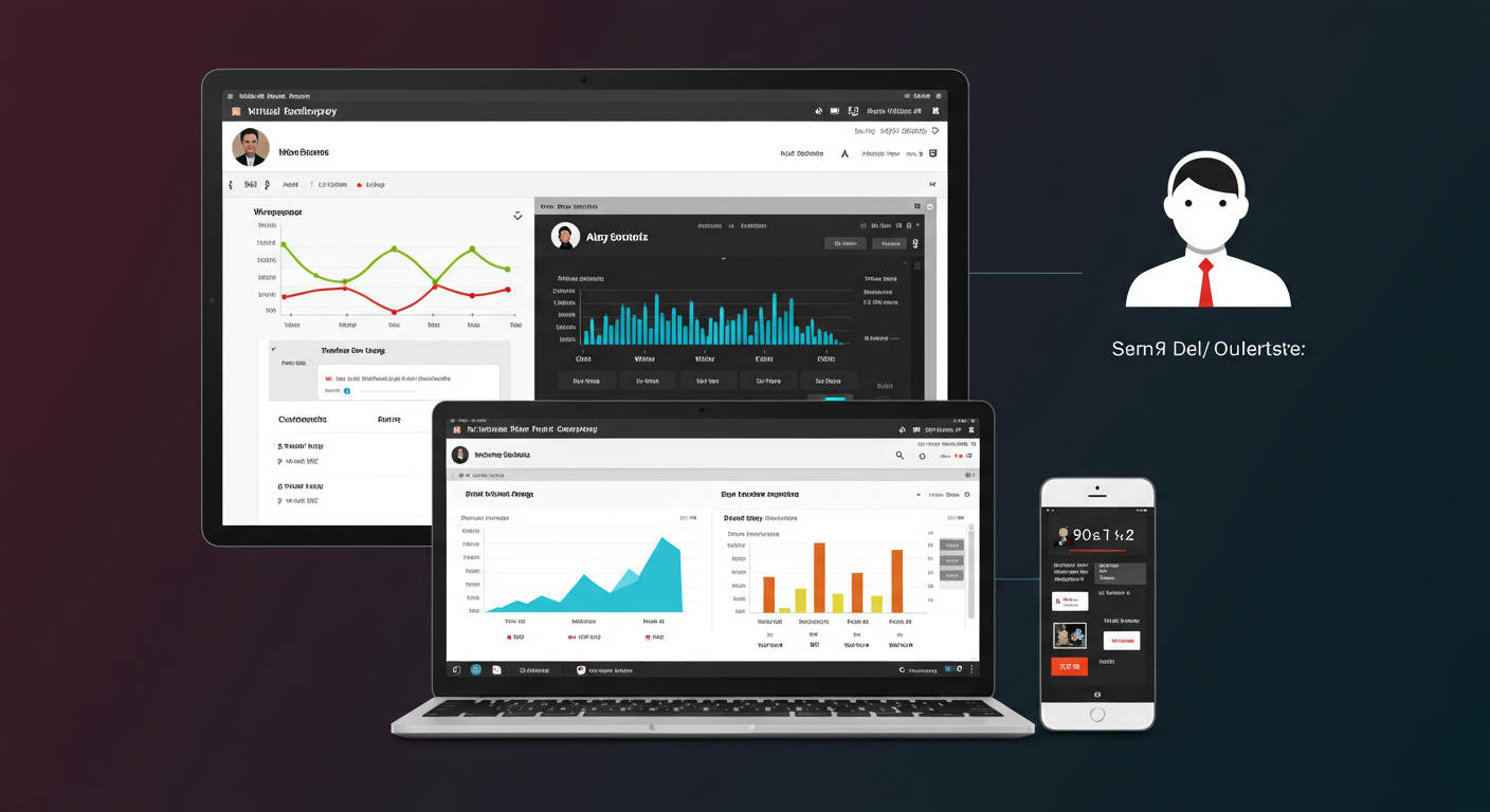 Seamless integration of AI virtual employee with WordPress and Shopify plugins, showing dashboard interface with product data, orders, and customer interactions, clean and professional style