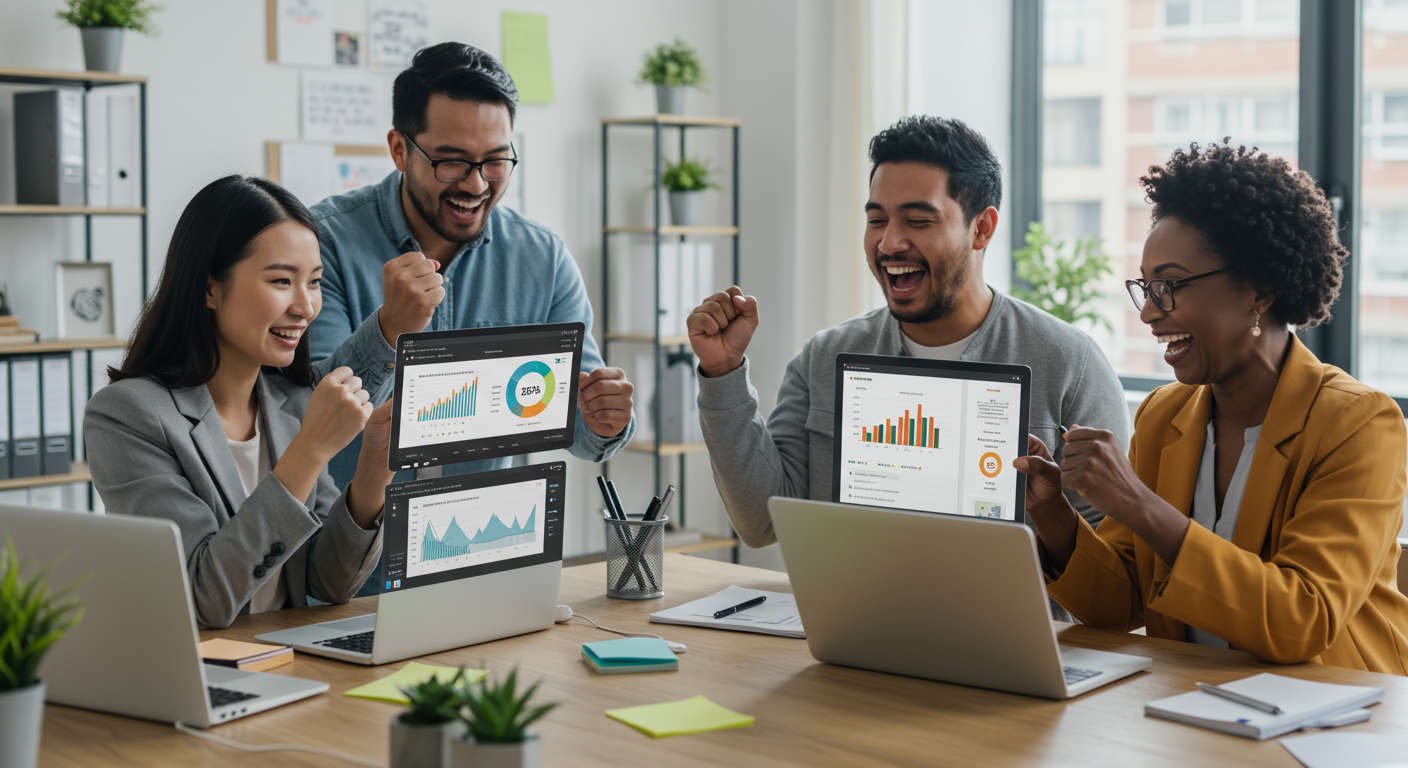 Ecommerce and local service business owners happily reviewing increased leads and traffic on digital dashboards, diverse team, bright workspace