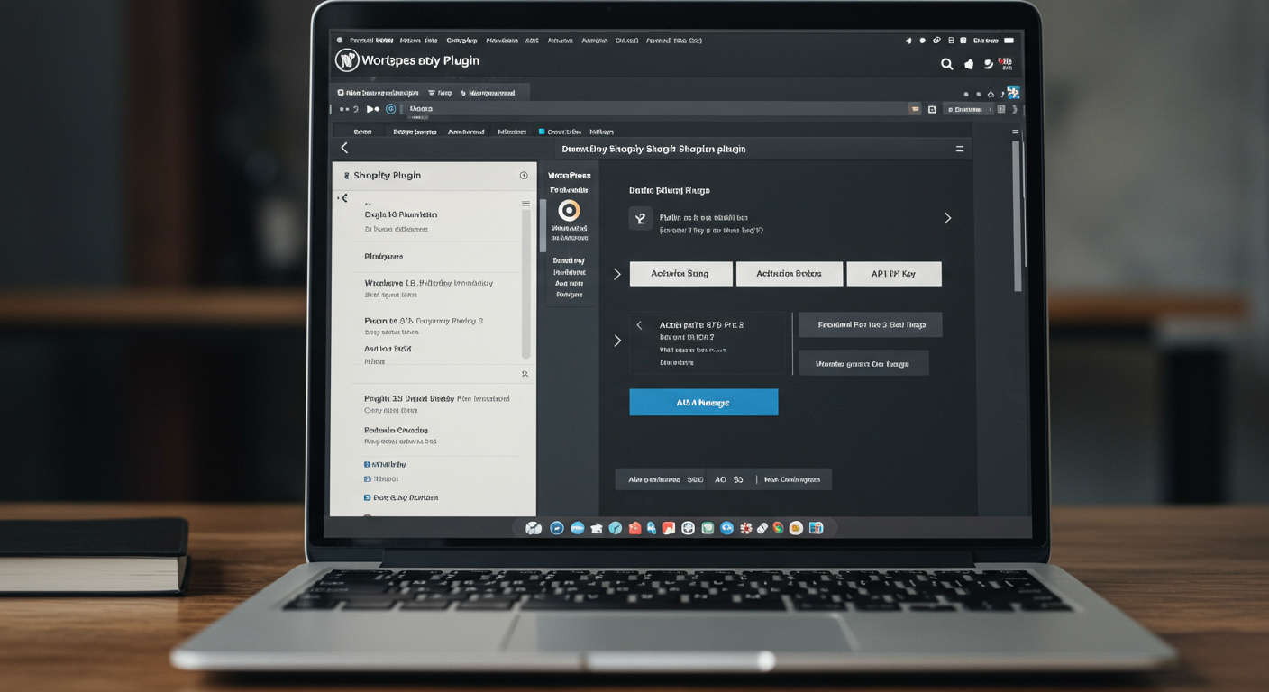 Step-by-step visual of a WordPress and Shopify plugin installation process on a laptop screen, showing plugin directories, activation buttons, and API key connection in a clean and professional style.