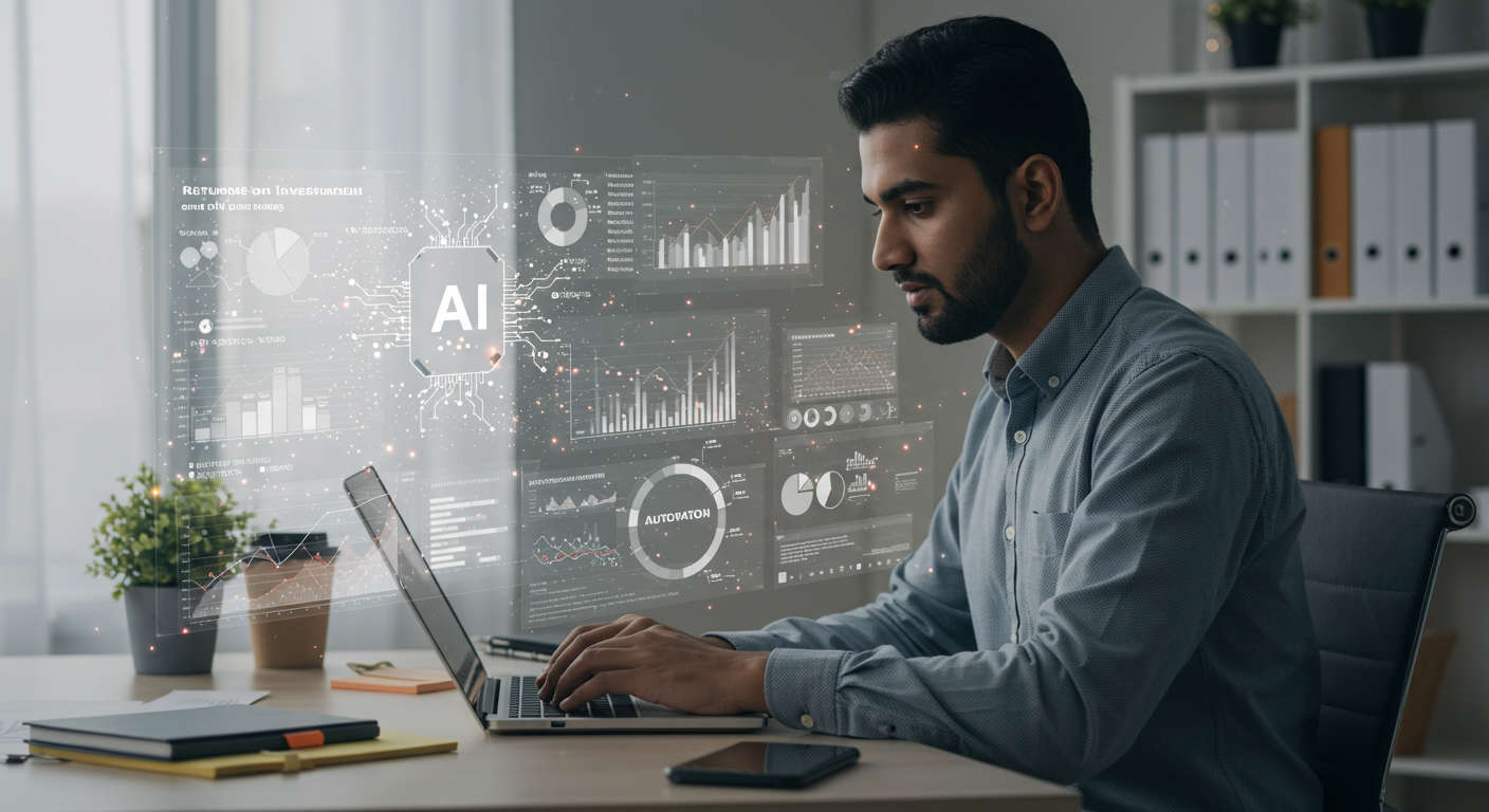 Small business owner analysing AI automation ROI on a laptop, surrounded by charts and data visualisations, modern office setting