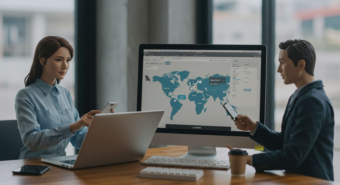 Seamless integration of AI virtual employees with WordPress and Shopify platforms, showing digital connections and e-commerce elements in a modern small business setting