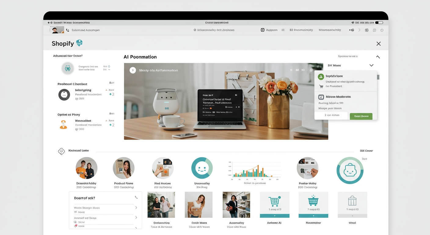 Shopify store dashboard displaying AI automation features like chatbots, personalised product recommendations, and inventory management