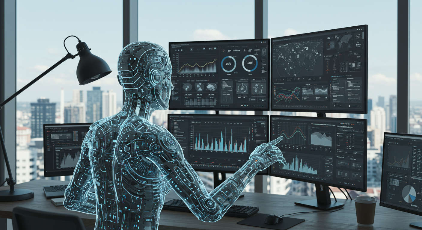 An AI agent performing SEO keyword research and competitor analysis on multiple screens with graphs and charts, in a digital marketing workspace