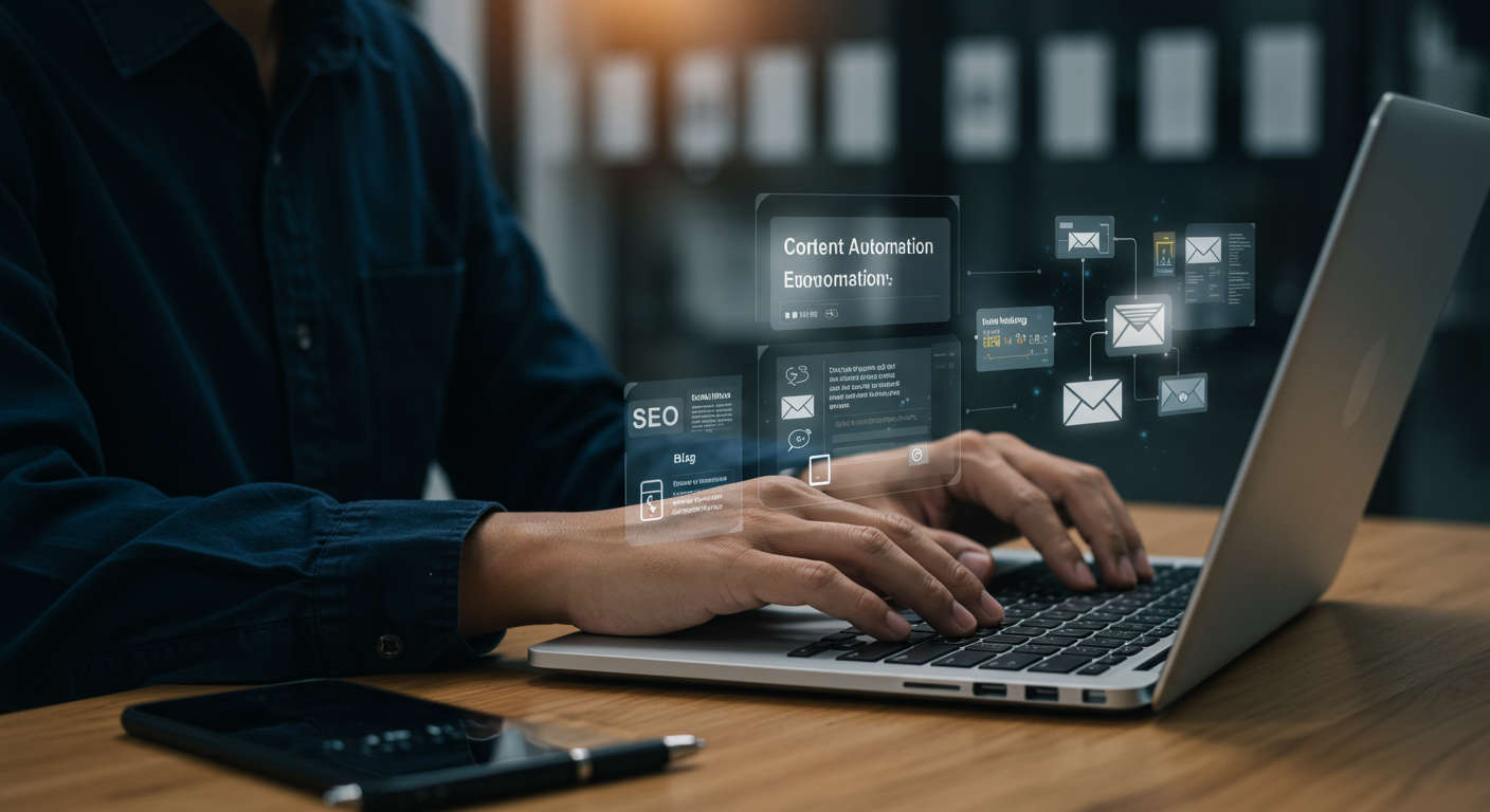 Small business owner using AI content automation on a laptop, with SEO blog posts and lead nurturing email workflows on screen, modern office setting