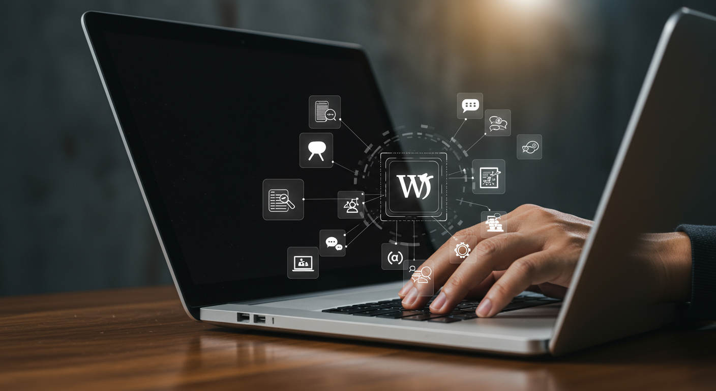 Small business owner using AI automation tools on a laptop with WordPress and Shopify logos, surrounded by icons for content creation, keyword research, and publishing