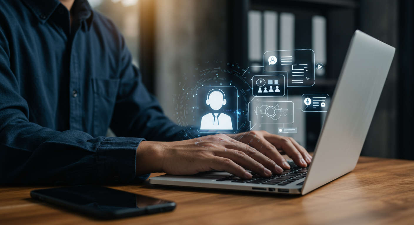 A small business owner using AI virtual employee on a laptop, showing automation of customer support with 24/7 availability, personalised responses, and cost efficiency in a modern office setting