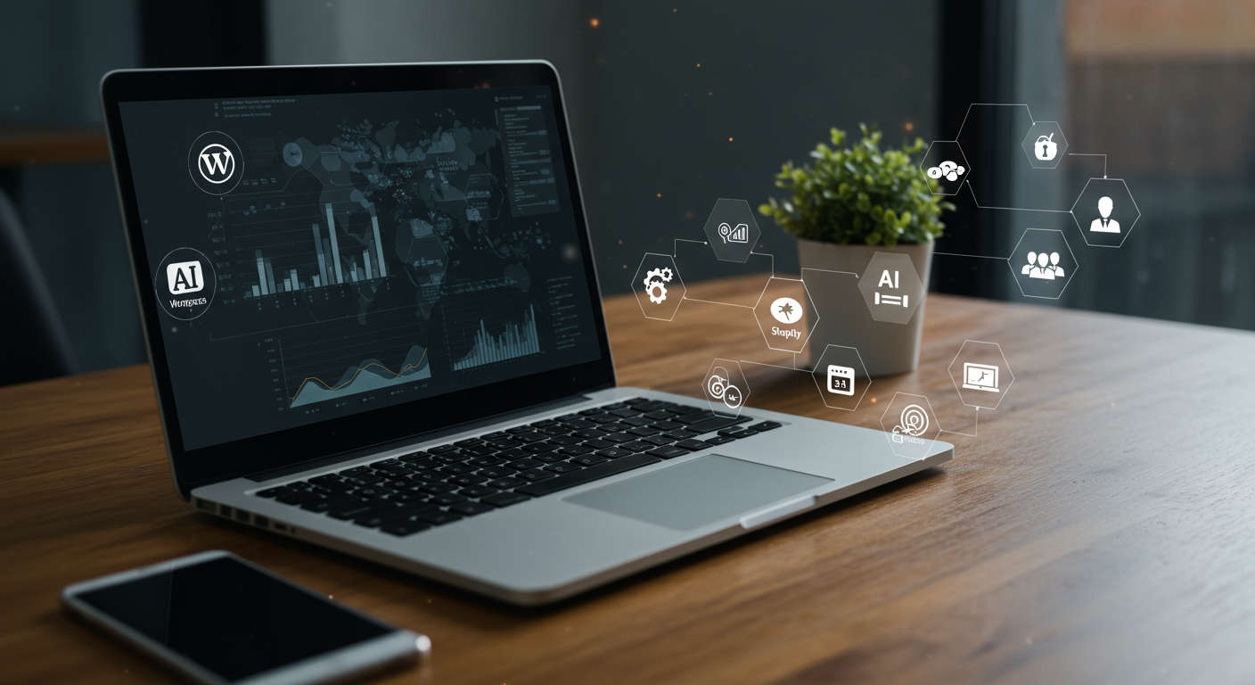 Modern office workspace with laptop showing AI automation dashboards and icons for WordPress, Shopify, AI virtual employees, SEO content, and automation tasks representing SMB growth and efficiency
